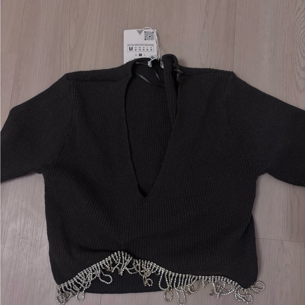 Zara Black V-Neck Sweater with Beaded Fringe